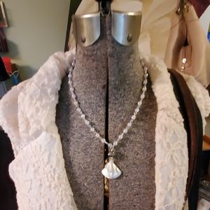 Rosary Bead Necklace w/Rhinestone Shell Pendant